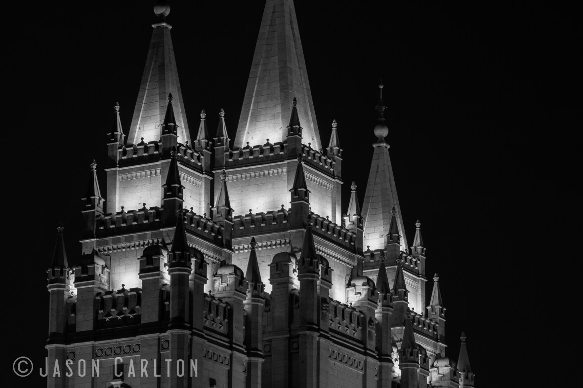 Night photo Spires of the Salt Lake Temple in Black and White