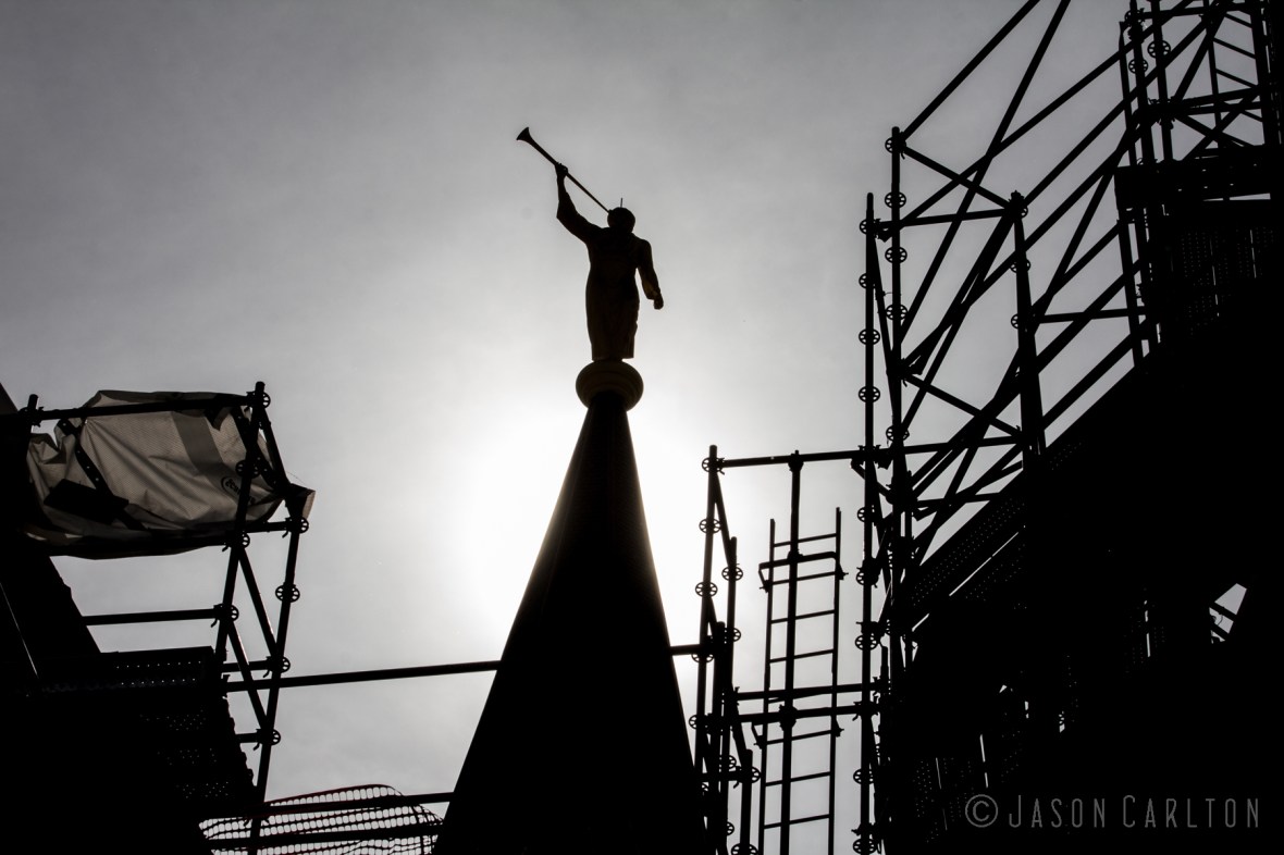 Silhouette photo of the Angel Moroni atop the Provo City Center Temple