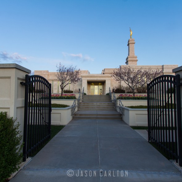 Photo of the gates and path leading to the Monticello Utah Temple